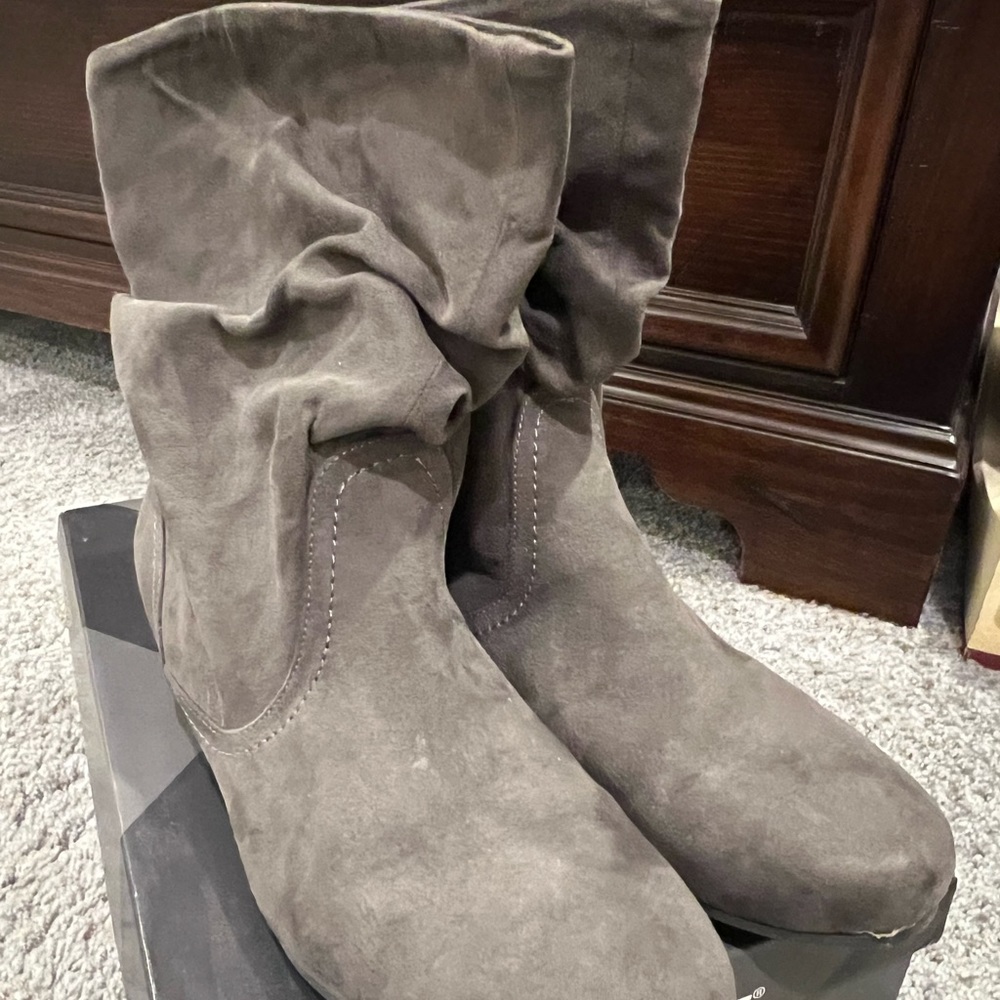Grey suede mid calf boots